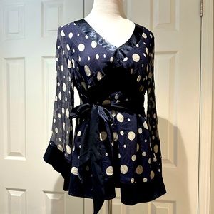 Silk polka dot navy top with tie belt